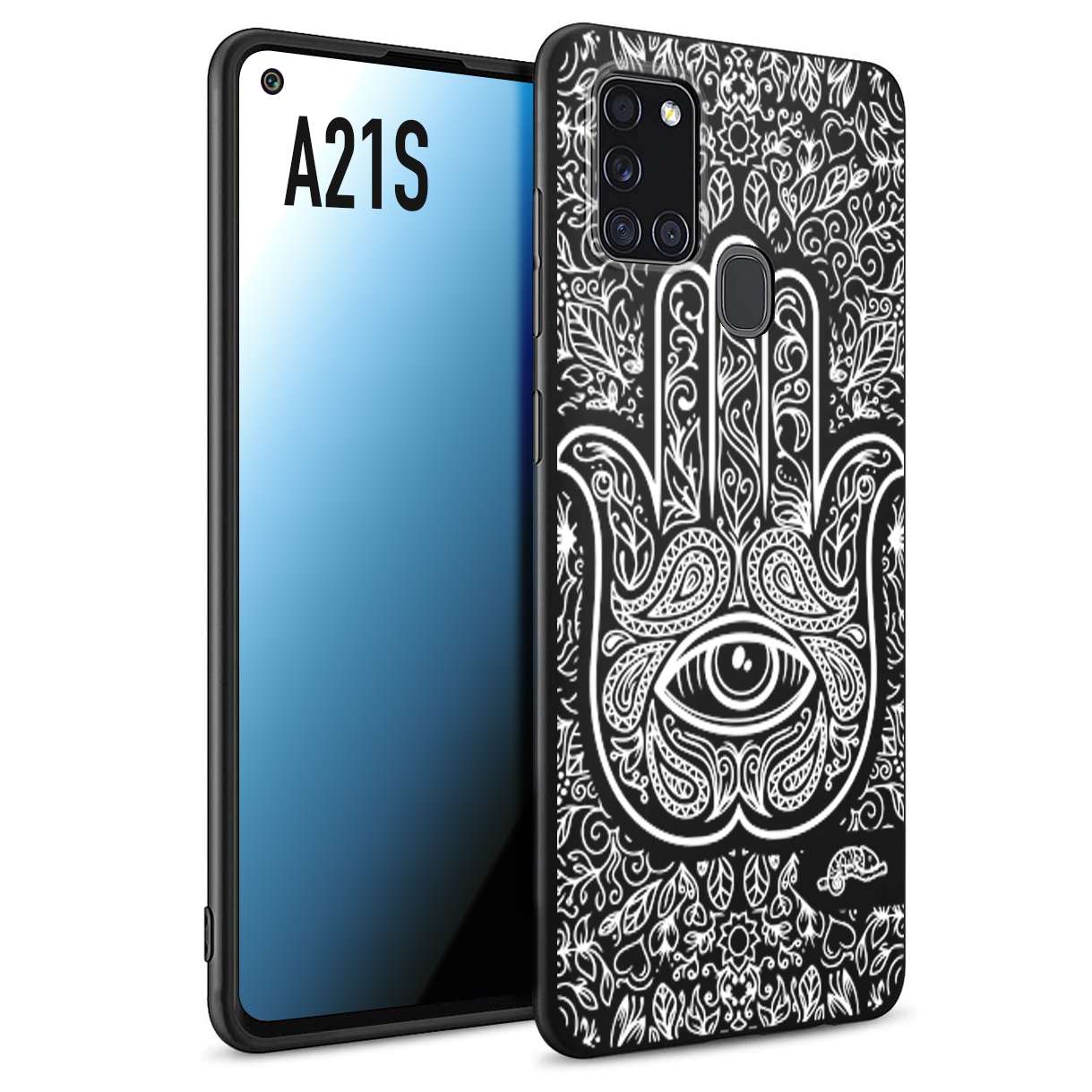 CUSTOMIZZA - Custodia cover nera morbida in tpu compatibile per Samsung A21S mano di fatima effetto rilievo mandala donna