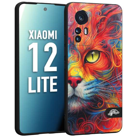 CUSTOMIZZA - Custodia cover nera morbida in tpu compatibile per Xiaomi 12 LITE animali color cat gatto viso colori vibranti disegnato schizzo