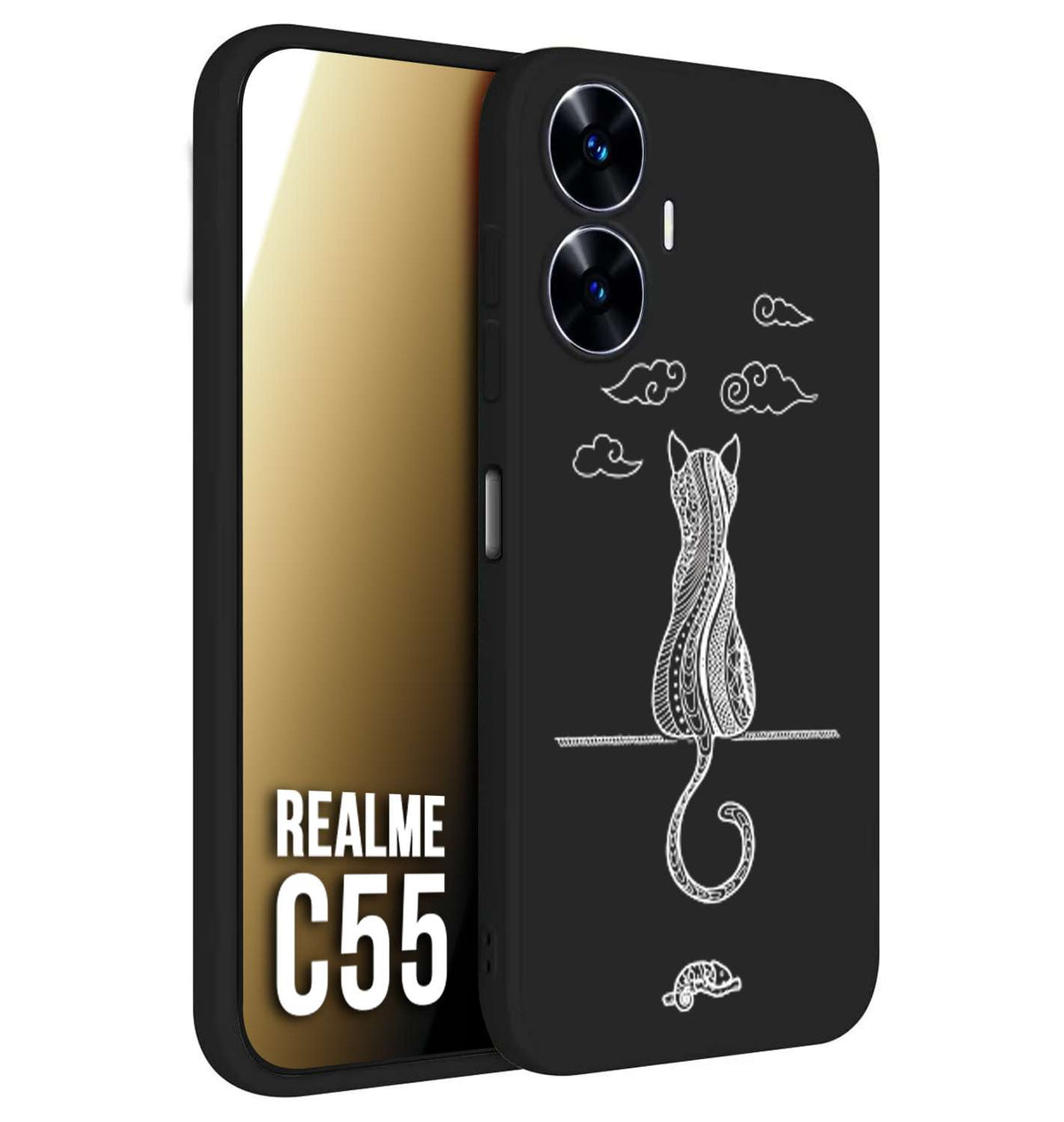 CUSTOMIZZA - Custodia cover nera morbida in tpu compatibile per Realme C55 gatto mandala stilizzato gattino a rilievo soft touch donna bianca