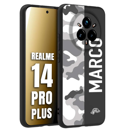 CUSTOMIZZA - Custodia cover nera morbida in tpu compatibile per Realme 14 PRO PLUS camouflage mimetico militare personalizzata nome bianco