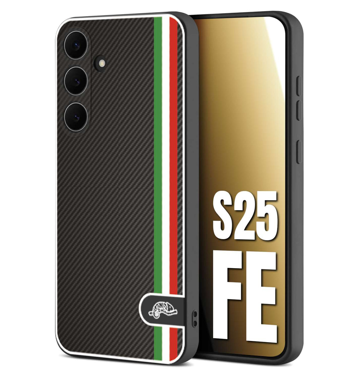 CUSTOMIZZA - Custodia cover nera morbida in tpu compatibile per Samsung S25 FE effetto fibra di carbonio bandiera Italia made in Italy