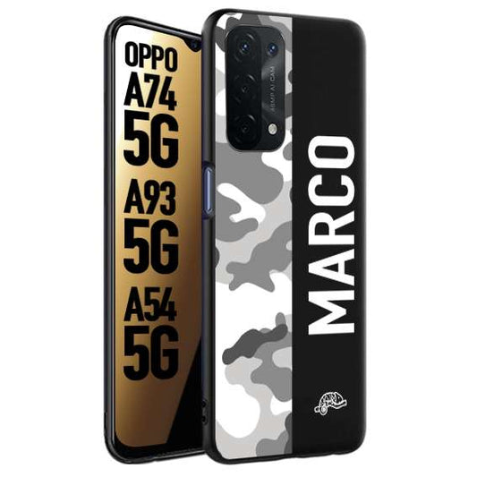 CUSTOMIZZA - Custodia cover nera morbida in tpu compatibile per Oppo A74 5G - A93 5G - A54 5G camouflage mimetico militare personalizzata nome bianco