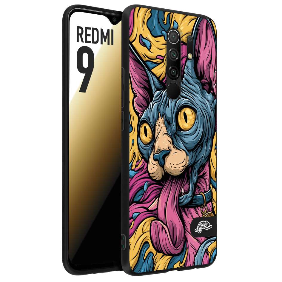 CUSTOMIZZA - Custodia cover nera morbida in tpu compatibile per Xiaomi Redmi 9 Sphynx Colorato Pop Art Psichedelico Gatto Blu Rosa Giallo Artistica Fantasy