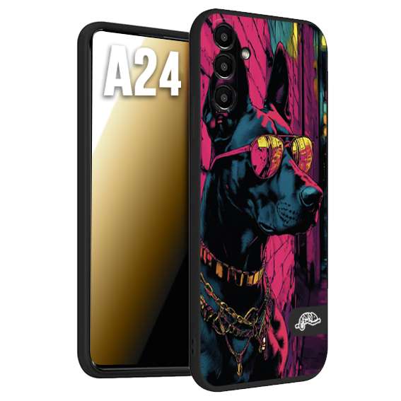 CUSTOMIZZA - Custodia cover nera morbida in tpu compatibile per Samsung A24 animali cyberpunk dobermann cane street dog fucsia blu