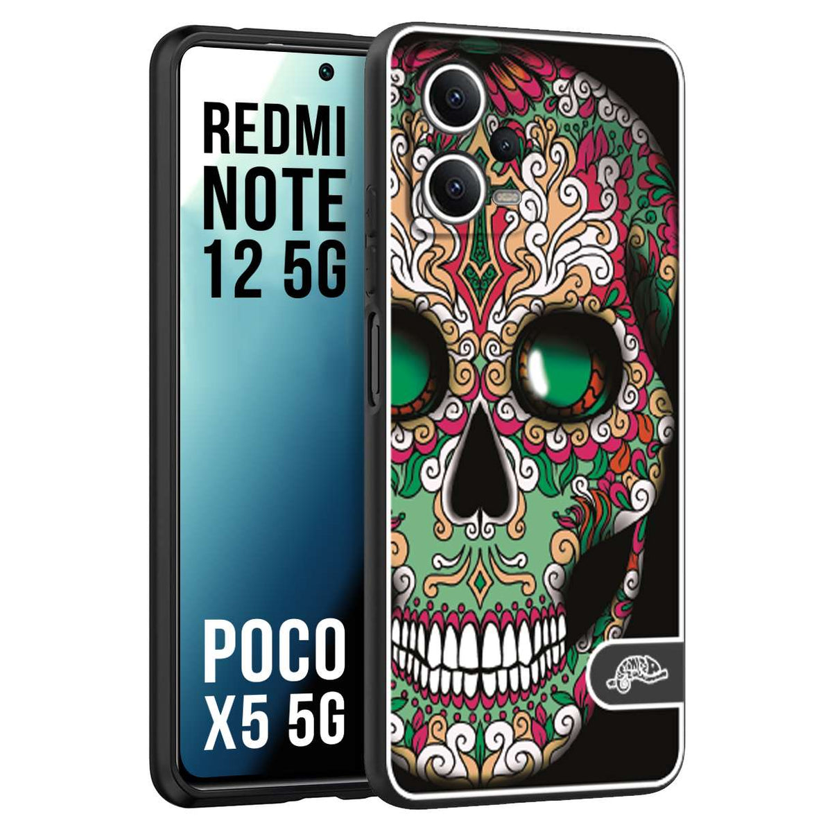 CUSTOMIZZA - Custodia cover nera morbida in tpu compatibile per Xiaomi Redmi Note 12 5G - POCO X5 5G teschio messicano Mexican skull verde fucsia