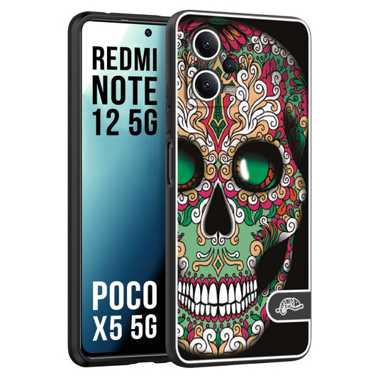 CUSTOMIZZA - Custodia cover nera morbida in tpu compatibile per Xiaomi Redmi Note 12 5G - POCO X5 5G teschio messicano Mexican skull verde fucsia