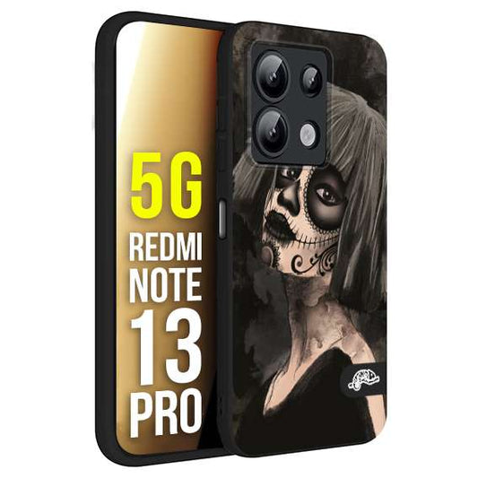 CUSTOMIZZA - Custodia cover nera morbida in tpu compatibile per Xiaomi Redmi Note 13 PRO 5G chicana messicana dea de la muerte donna santa tattoo disegnata