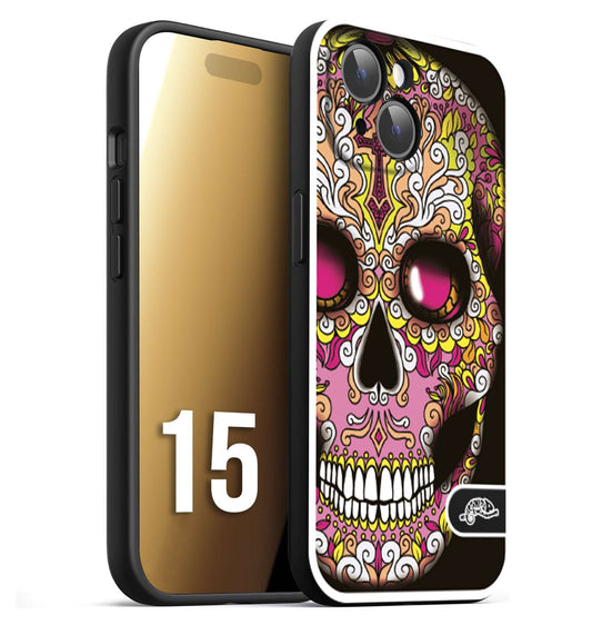 CUSTOMIZZA - Custodia cover nera morbida in tpu compatibile per iPhone 15 teschio messicano Mexican skull rosa gialla