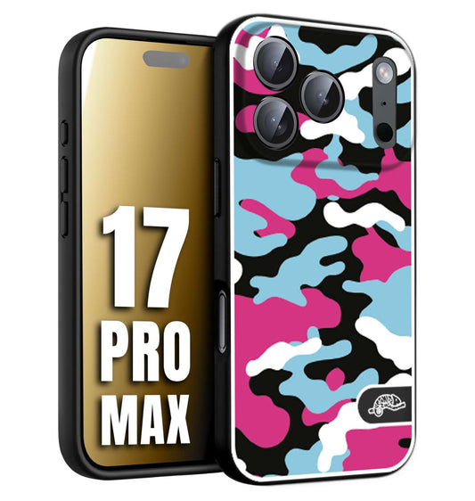 CUSTOMIZZA - Custodia cover nera morbida in tpu compatibile per iPhone 17 PRO MAX camouflage mimetico militare fucsia celeste