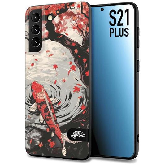 CUSTOMIZZA - Custodia cover nera morbida in tpu compatibile per Samsung S21 PLUS giapponese lago carpa koi rossa con foglie d'acero rosso disegnata tattoo