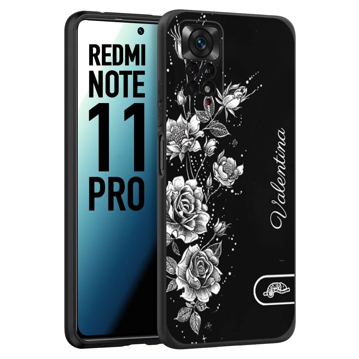 CUSTOMIZZA - Custodia cover nera morbida in tpu compatibile per Xiaomi Redmi Note 11 PRO a rilievo soft touch personalizzata nome rose fiori donna