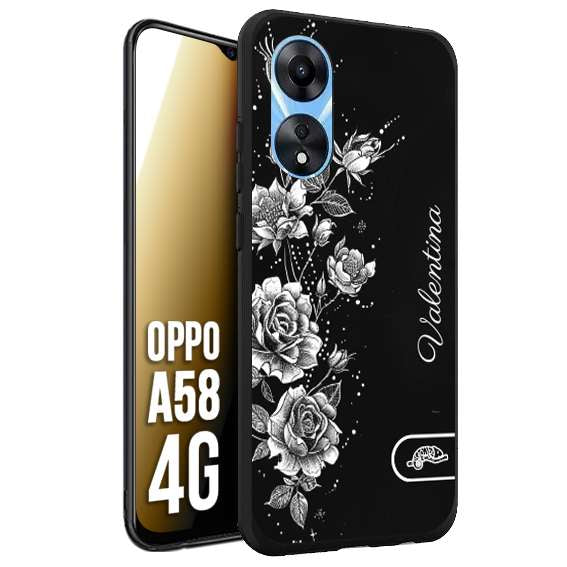 CUSTOMIZZA - Custodia cover nera morbida in tpu compatibile per Oppo A58 4G a rilievo soft touch personalizzata nome rose fiori donna