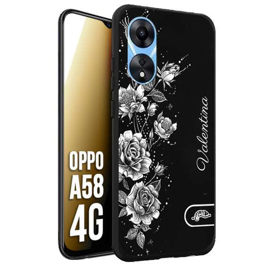 CUSTOMIZZA - Custodia cover nera morbida in tpu compatibile per Oppo A58 4G a rilievo soft touch personalizzata nome rose fiori donna