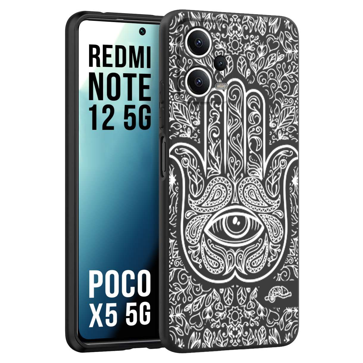 CUSTOMIZZA - Custodia cover nera morbida in tpu compatibile per Xiaomi Redmi Note 12 5G - POCO X5 5G mano di fatima effetto rilievo mandala donna