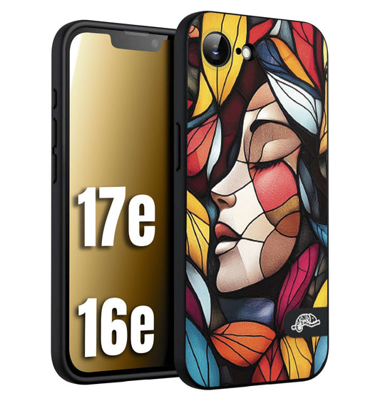 CUSTOMIZZA - Custodia cover nera morbida in tpu compatibile per iPhone 16E - 17E Vetrata artistica volto di donna profilo fogliare mosaico di vetro colorato