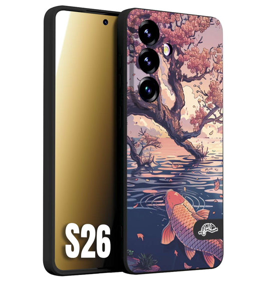 CUSTOMIZZA - Custodia cover nera morbida in tpu compatibile per Samsung S26 giapponese lago carpa koi rosa con foglie d'acero disegnata tattoo