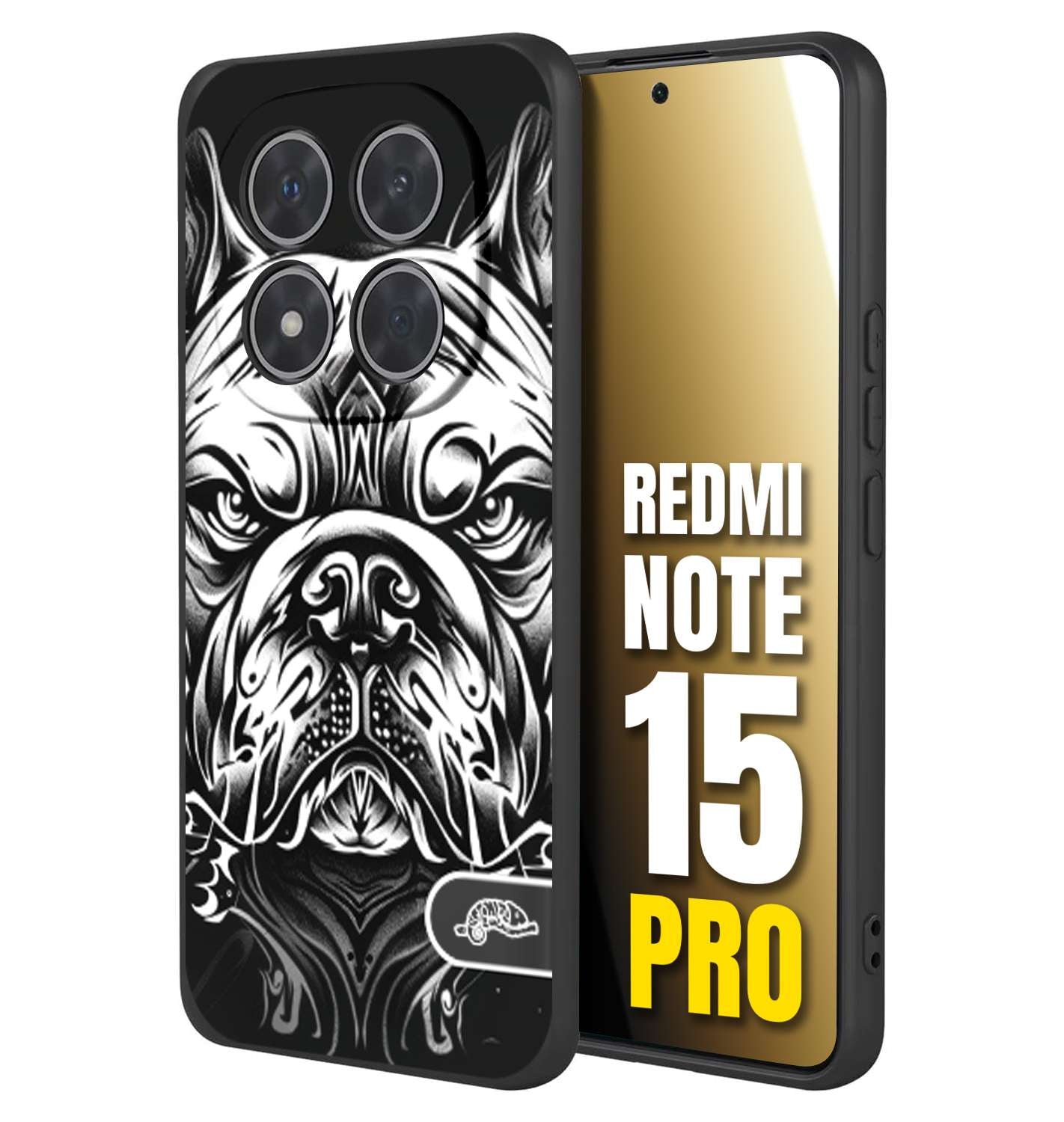 CUSTOMIZZA - Custodia cover nera morbida in tpu compatibile per Xiaomi Redmi Note 15 PRO bulldog bianco a rilievo disegnato tattoo tatuaggio