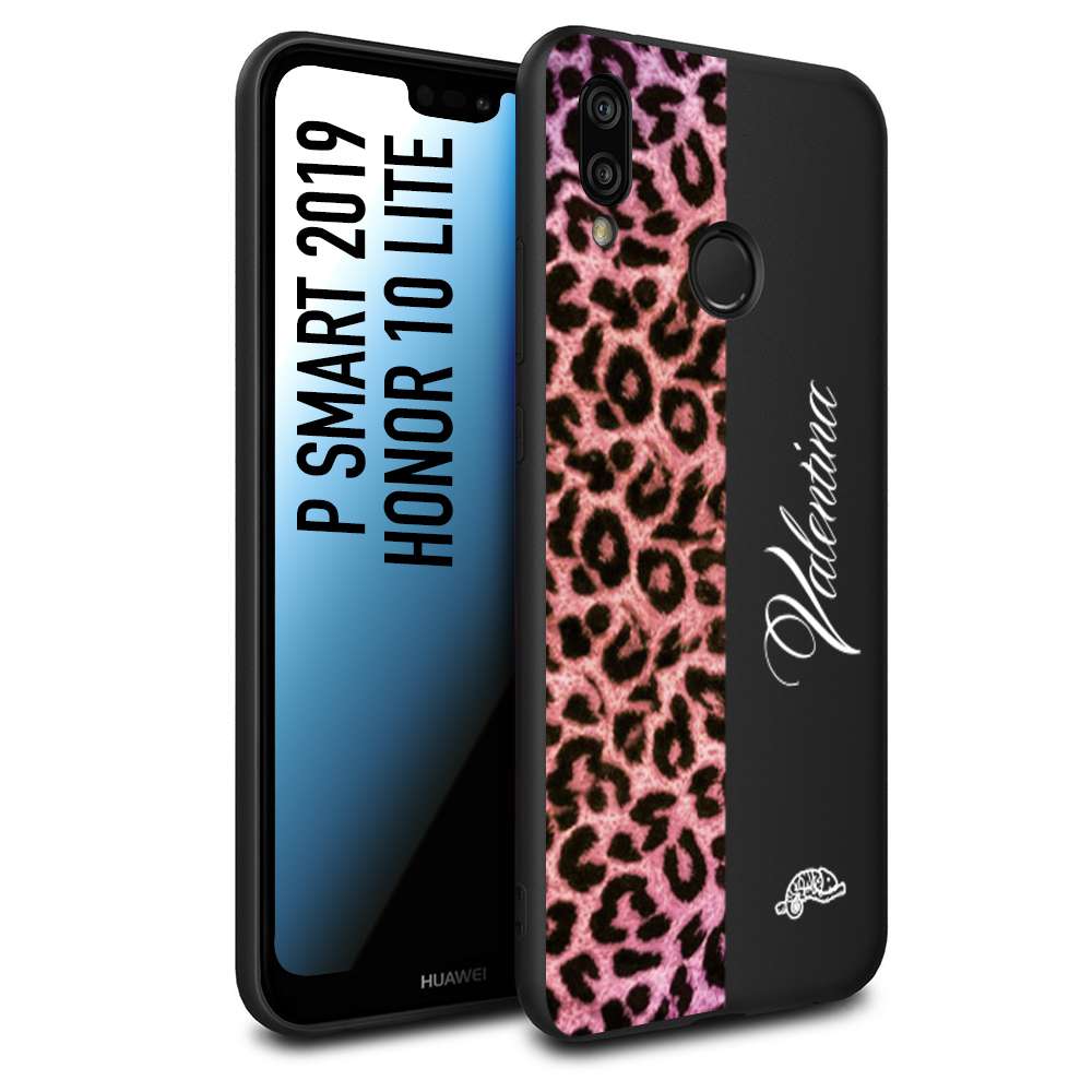 CUSTOMIZZA - Custodia cover nera morbida in tpu compatibile per Huawei P SMART 2019 leopardato rosa fucsia personalizzata nome iniziali