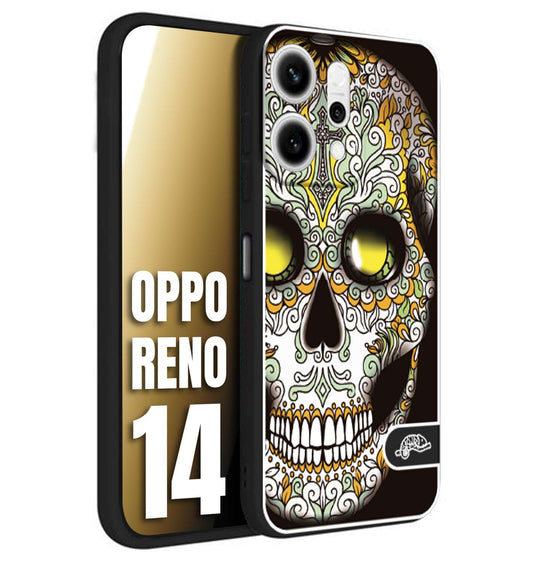CUSTOMIZZA - Custodia cover nera morbida in tpu compatibile per Oppo Reno 14 teschio messicano Mexican skull bianco verde giallo