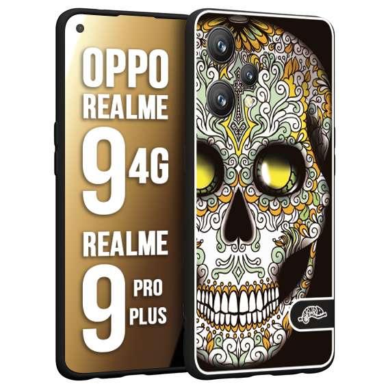 CUSTOMIZZA - Custodia cover nera morbida in tpu compatibile per Realme 9 4G - 9 PRO PLUS teschio messicano Mexican skull bianco verde giallo