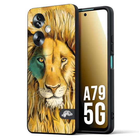 CUSTOMIZZA - Custodia cover nera morbida in tpu compatibile per Oppo A79 5G leone lion disegnato a mano giallo blu a rilievo artistico brown