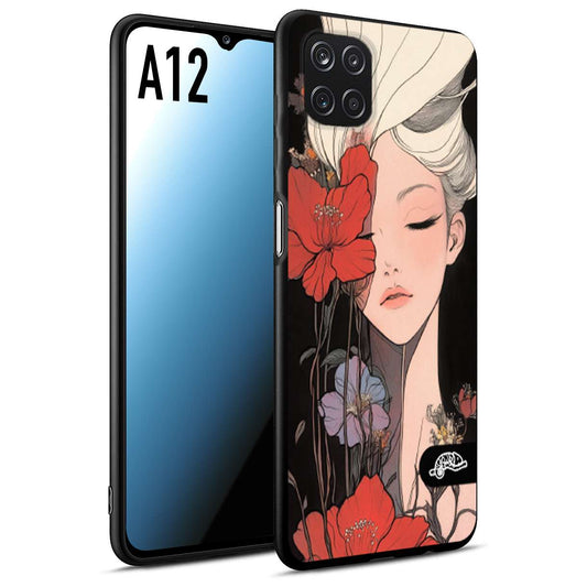 CUSTOMIZZA - Custodia cover nera morbida in tpu compatibile per Samsung A12 woman flower Fantasia Floreale Design Donna e Fiori, Retro Artistico