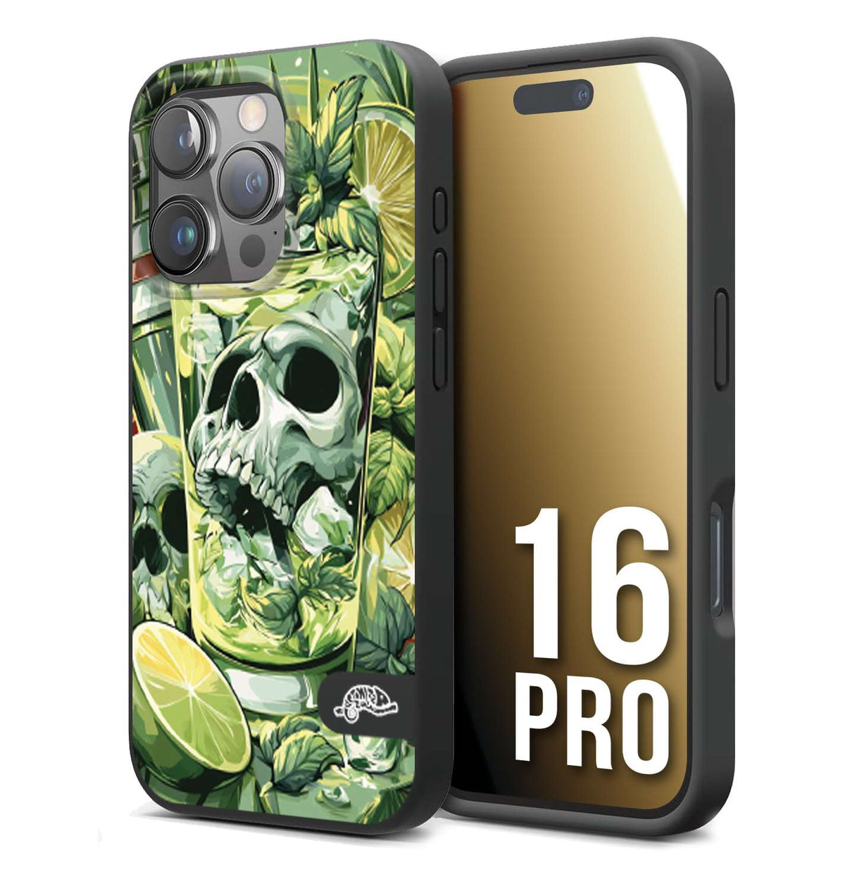 CUSTOMIZZA - Custodia cover nera morbida in tpu compatibile per iPhone 16 PRO Mojito cocktail teschio illustrazione drink lime menta ghiacci tropicale street art