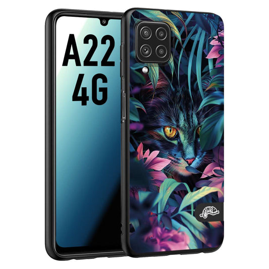CUSTOMIZZA - Custodia cover nera morbida in tpu compatibile per Samsung A22 4G animali color giungla tropicale occhio di gatto colori vibranti disegnato