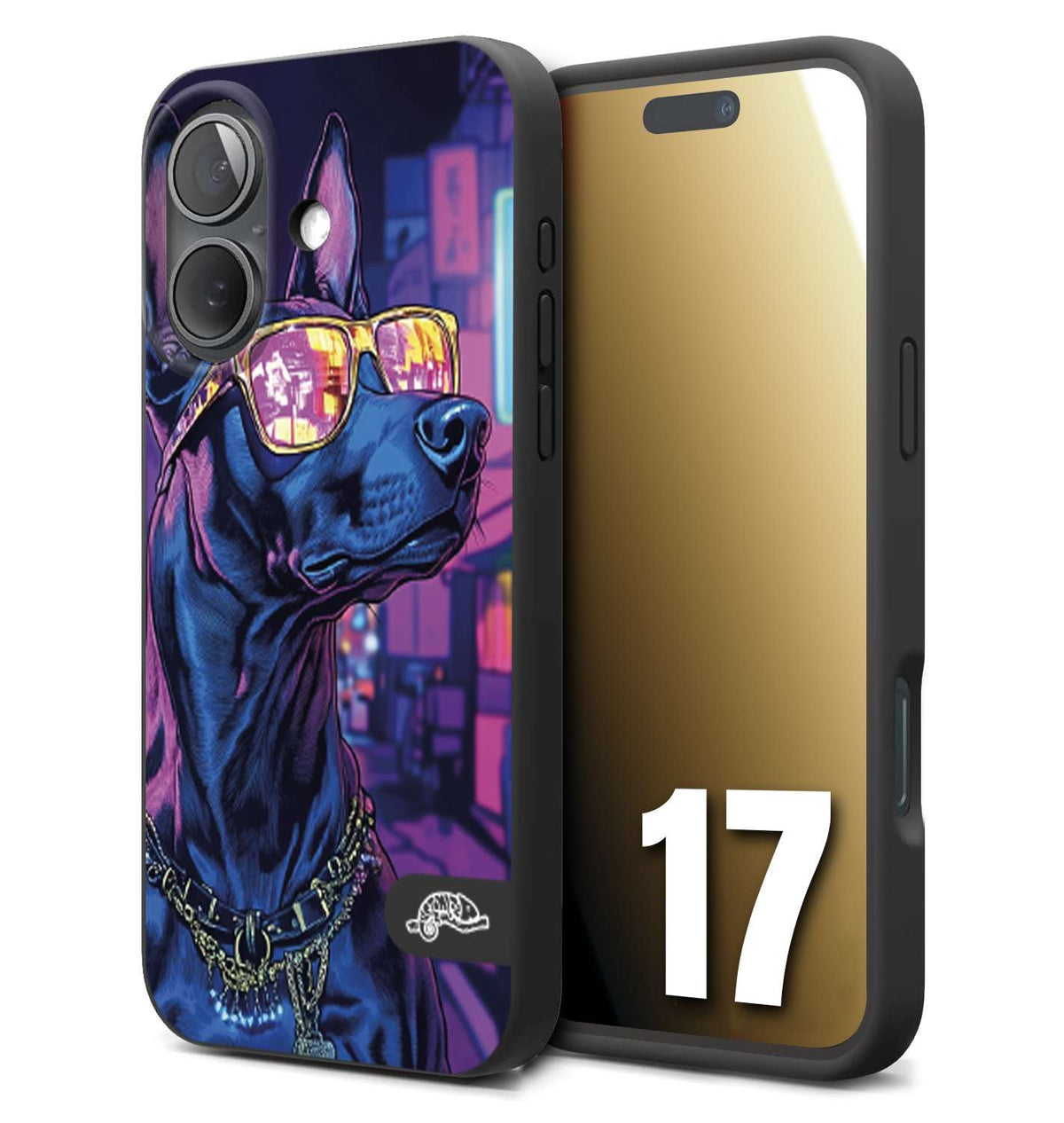 CUSTOMIZZA - Custodia cover nera morbida in tpu compatibile per iPhone 17 animali cyberpunk dobermann cane street dog fucsia blu night