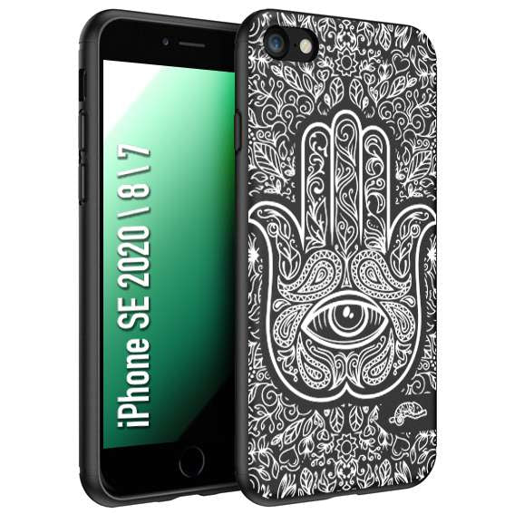 CUSTOMIZZA - Custodia cover nera morbida in tpu compatibile per iPhone 7 - 8 - SE 2020 / 2022 mano di fatima effetto rilievo mandala donna