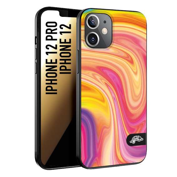 CUSTOMIZZA - Custodia cover nera morbida in tpu compatibile per iPhone 12 - 12 PRO colorata fantasia vortice marmo onde rosa fucsia gialla