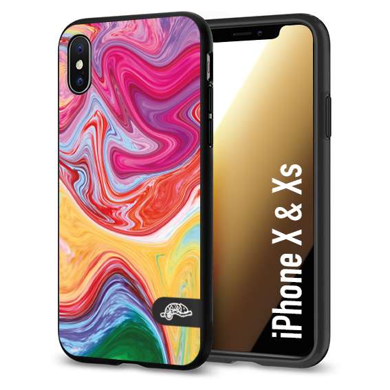 CUSTOMIZZA - Custodia cover nera morbida in tpu compatibile per iPhone X - Xs colorata fantasia vortice marmo onde verde fucsia gialla