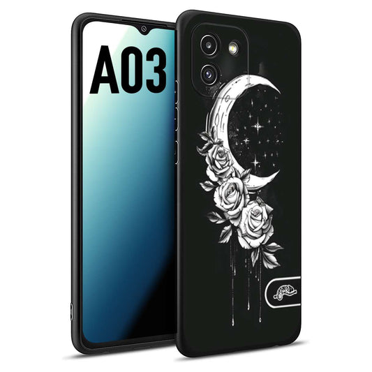 CUSTOMIZZA - Custodia cover nera morbida in tpu compatibile per Samsung A03 luna e fiori moon flowers black and white bianco a rilievo disegnato