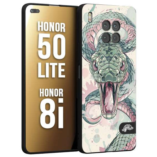CUSTOMIZZA - Custodia cover nera morbida in tpu compatibile per Honor 8i - Honor 50 LITE snake pink green serpente tatuaggio tattoo disegnato a mano