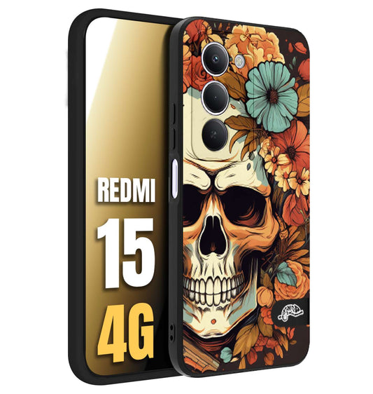 CUSTOMIZZA - Custodia cover nera morbida in tpu compatibile per Xiaomi Redmi 15 4G teschio skull flowers fiori autunnali arancio celeste tattoo