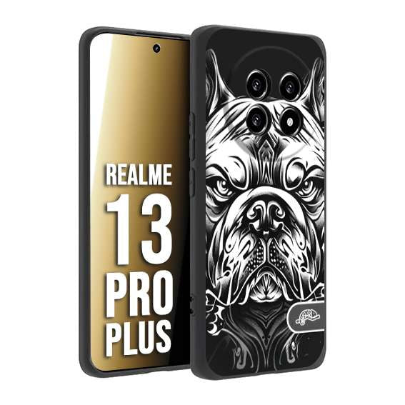 CUSTOMIZZA - Custodia cover nera morbida in tpu compatibile per Realme 13 PRO PLUS bulldog bianco a rilievo disegnato tattoo tatuaggio