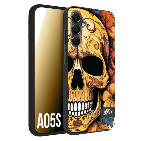 CUSTOMIZZA - Custodia cover nera morbida in tpu compatibile per Samsung A05S teschio messicano colorato dorato fiori autunnali disegnato