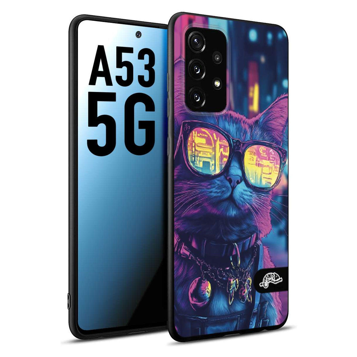 CUSTOMIZZA - Custodia cover nera morbida in tpu compatibile per Samsung A53 5G animali cyberpunk gatto street cat fucsia blu giallo
