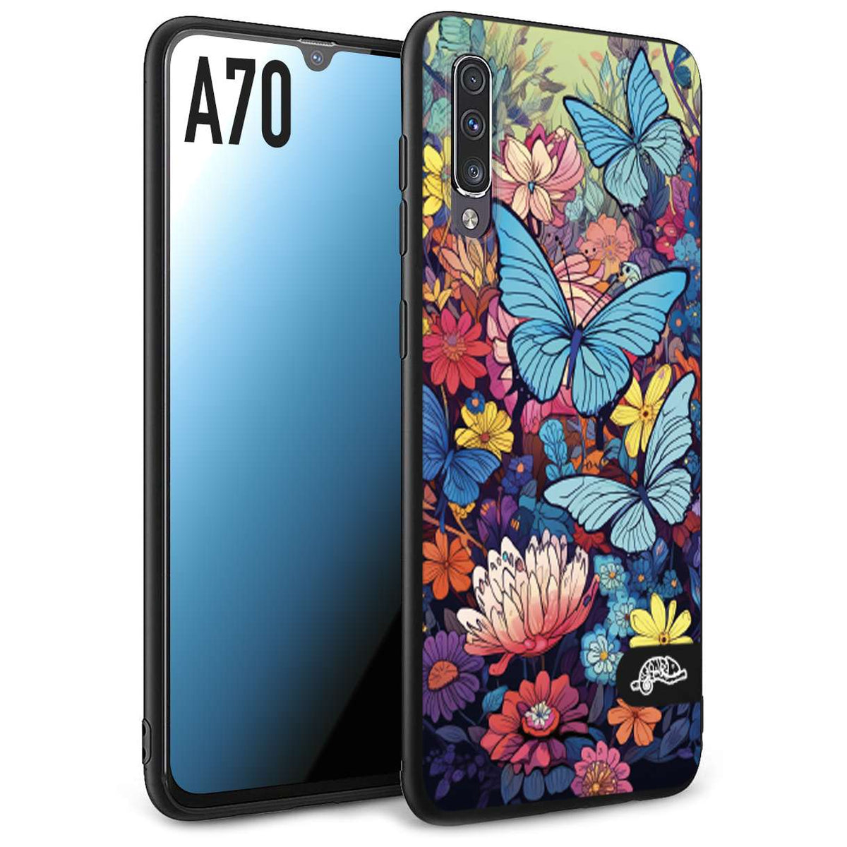 CUSTOMIZZA - Custodia cover nera morbida in tpu compatibile per Samsung A70 farfalle butterfly moderno donna disegnate gialla blu rosa
