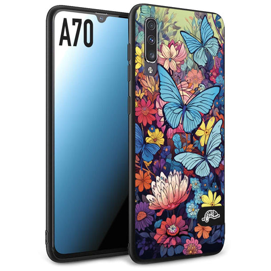 CUSTOMIZZA - Custodia cover nera morbida in tpu compatibile per Samsung A70 farfalle butterfly moderno donna disegnate gialla blu rosa