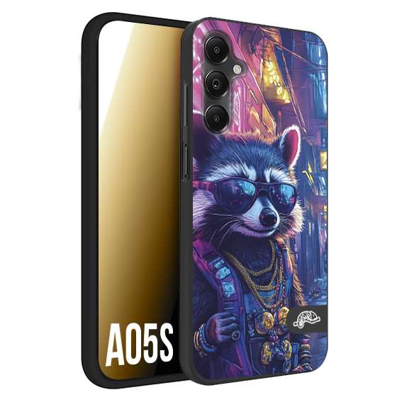 CUSTOMIZZA - Custodia cover nera morbida in tpu compatibile per Samsung A05S animali simpatici cyberpunk procione racoon street cat fucsia blu giallo