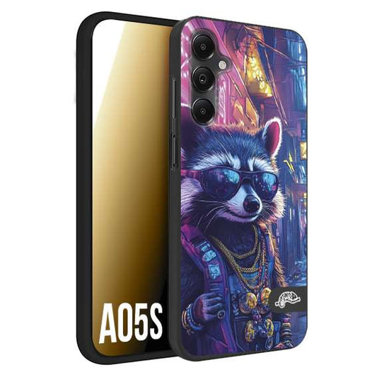 CUSTOMIZZA - Custodia cover nera morbida in tpu compatibile per Samsung A05S animali simpatici cyberpunk procione racoon street cat fucsia blu giallo