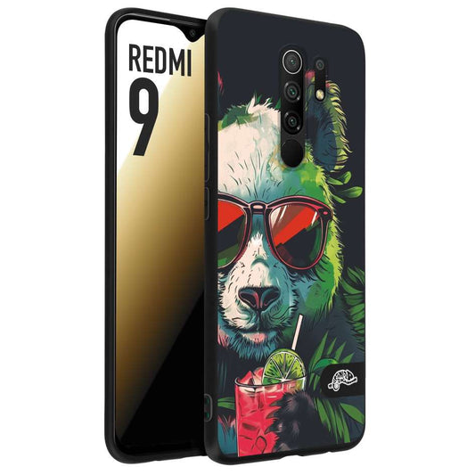 CUSTOMIZZA - Custodia cover nera morbida in tpu compatibile per Xiaomi Redmi 9 estate disegnata cocktails animali simpatici panda mojito