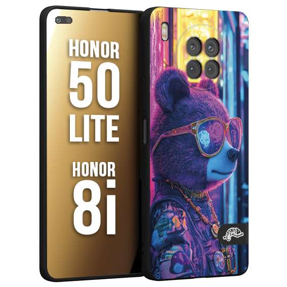 CUSTOMIZZA - Custodia cover nera morbida in tpu compatibile per Honor 8i - Honor 50 LITE animali cyberpunk orsetto orso street bear fucsia blu night