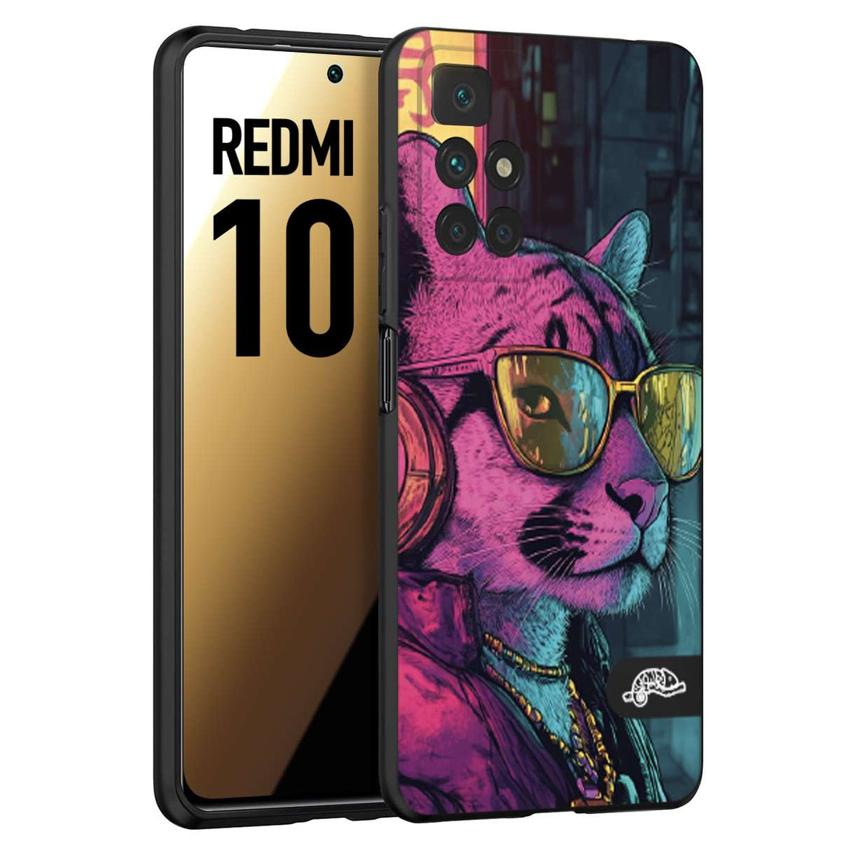 CUSTOMIZZA - Custodia cover nera morbida in tpu compatibile per Xiaomi Redmi 10 animali cyberpunk pantera street cat fucsia blu giallo
