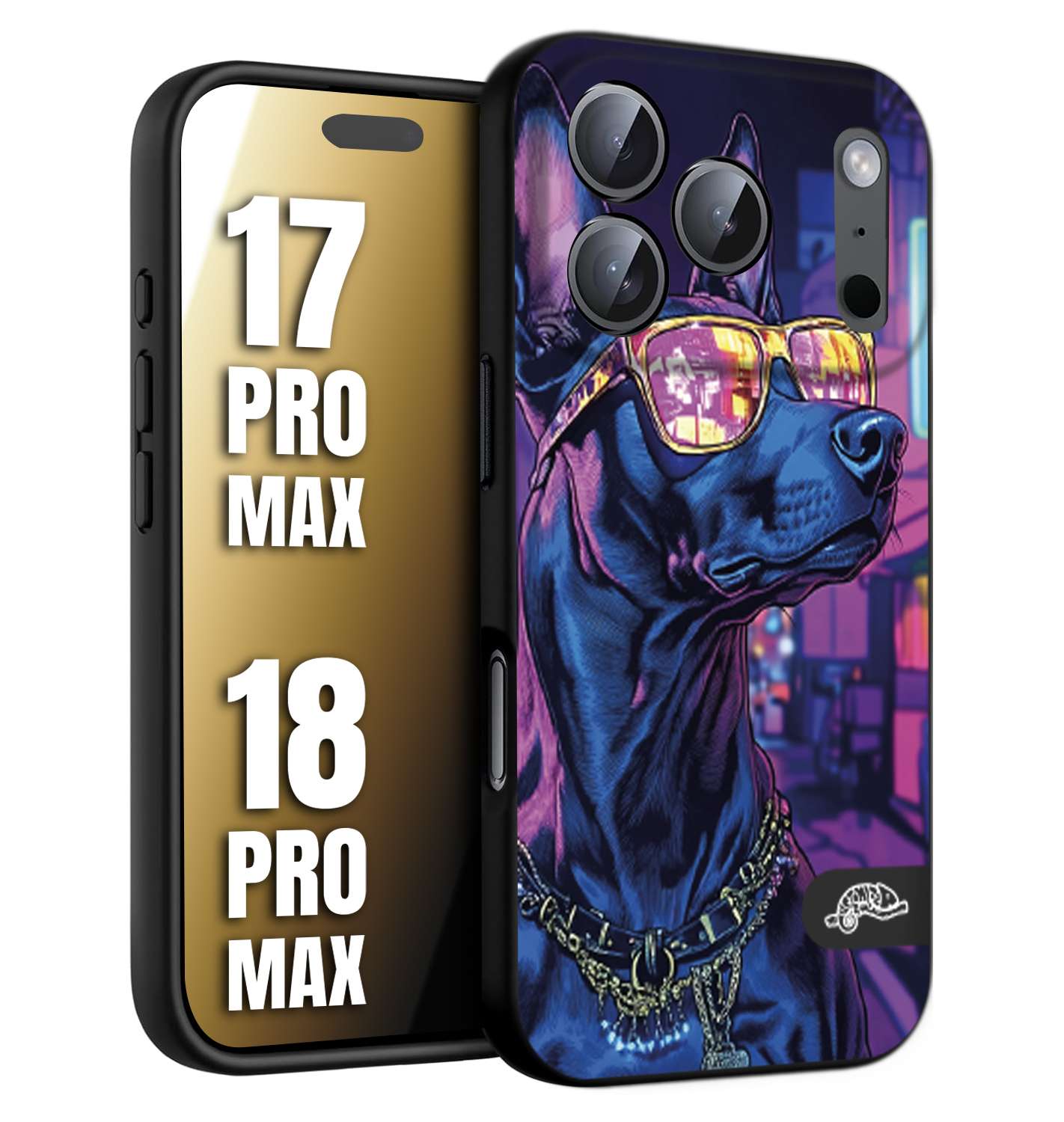 CUSTOMIZZA - Custodia cover nera morbida in tpu compatibile per iPhone 17 PRO MAX - 18 PRO MAX animali cyberpunk dobermann cane street dog fucsia blu night