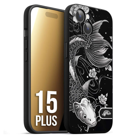 CUSTOMIZZA - Custodia cover nera morbida in tpu compatibile per iPhone 15 PLUS carpa koi black and white bianco a rilievo disegnato tattoo tatuaggio