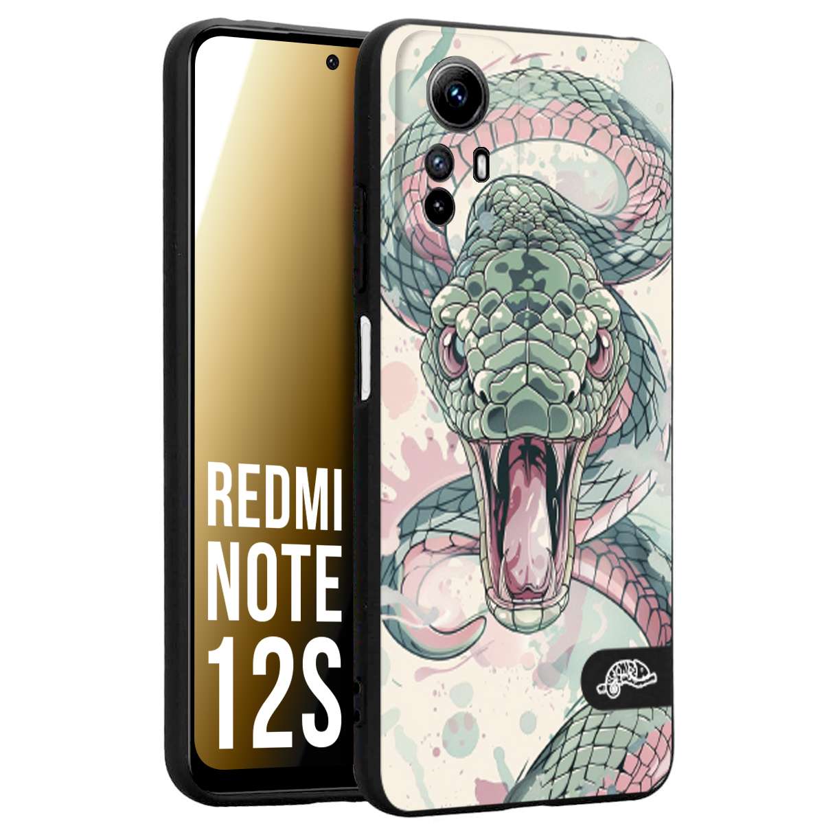 CUSTOMIZZA - Custodia cover nera morbida in tpu compatibile per Xiaomi Redmi Note 12S snake pink green serpente tatuaggio tattoo disegnato a mano
