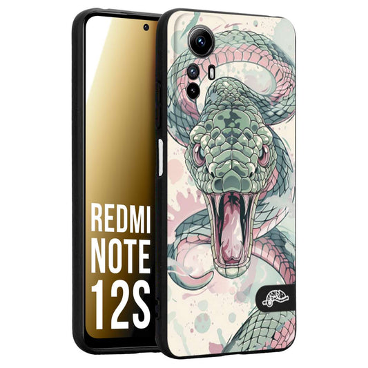 CUSTOMIZZA - Custodia cover nera morbida in tpu compatibile per Xiaomi Redmi Note 12S snake pink green serpente tatuaggio tattoo disegnato a mano