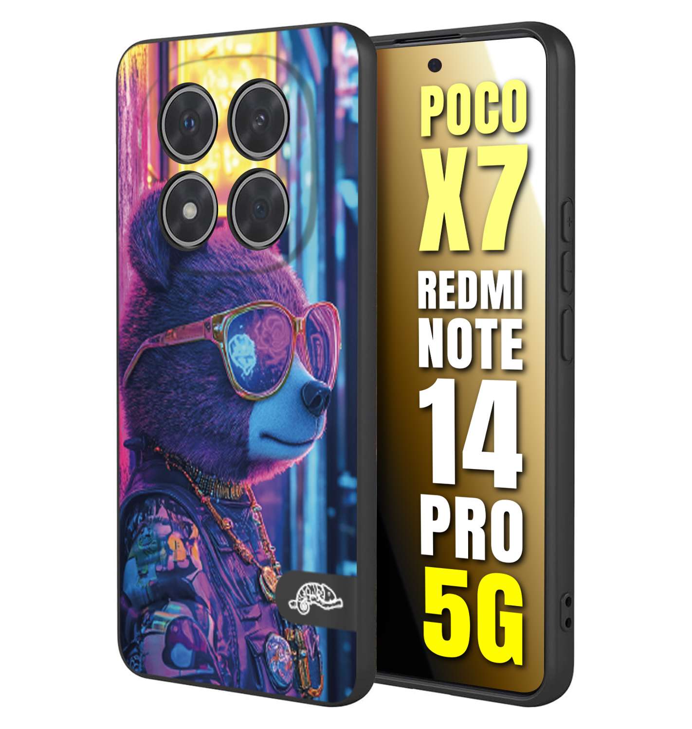 CUSTOMIZZA - Custodia cover nera morbida in tpu compatibile per Xiaomi Redmi Note 14 PRO 5G animali cyberpunk orsetto orso street bear fucsia blu night